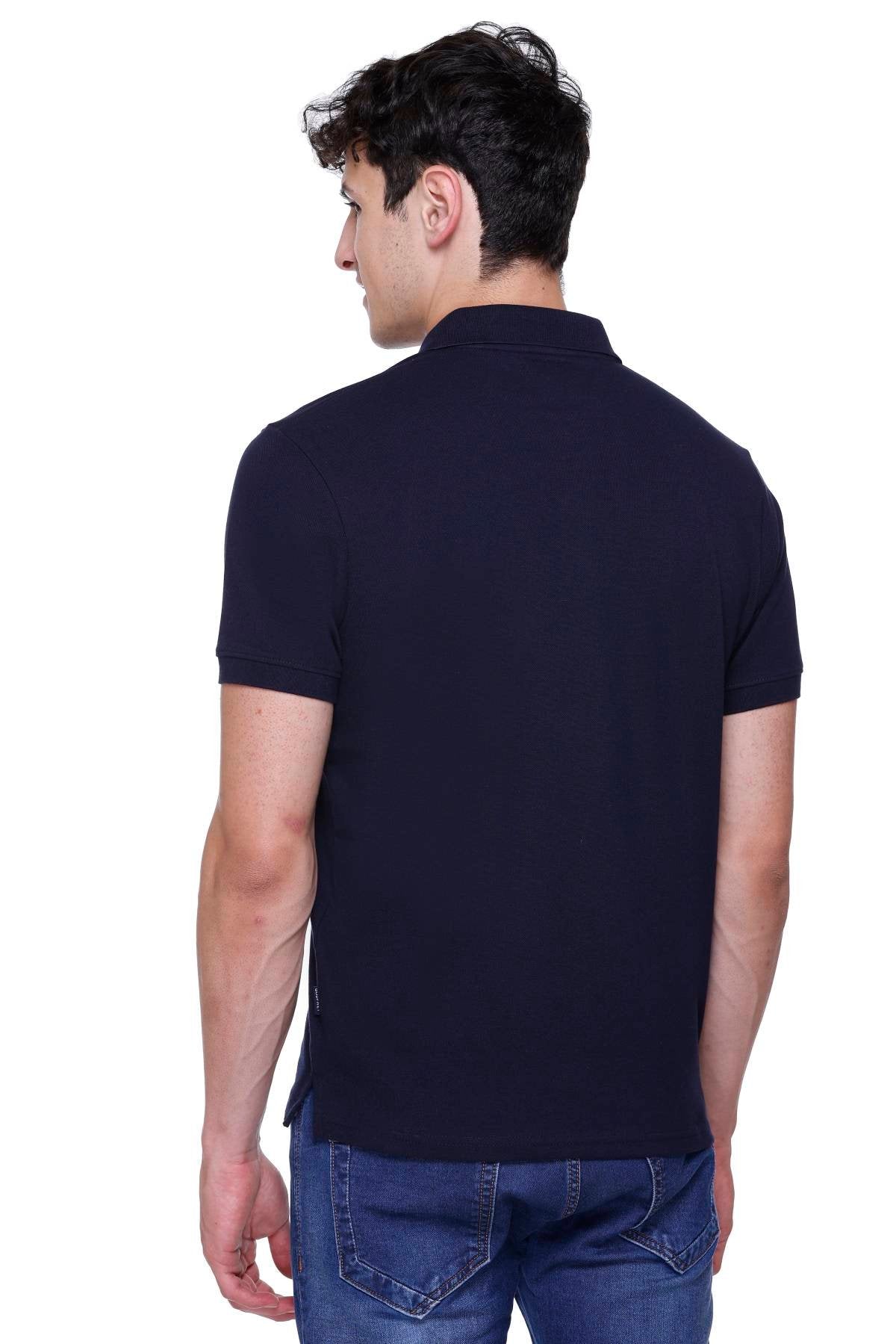 Navy Solid Half Sleeves Polo Neck Cotton T-Shirt for Men