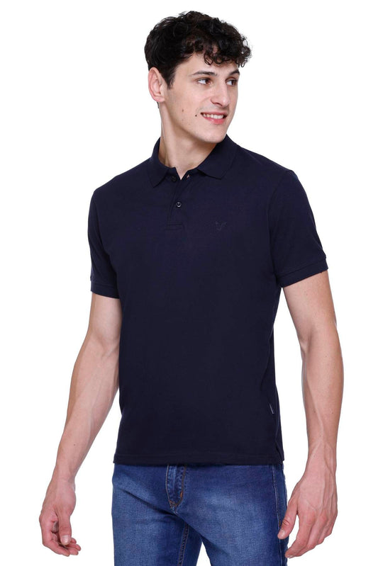 Navy Solid Half Sleeves Polo Neck Cotton T-Shirt for Men