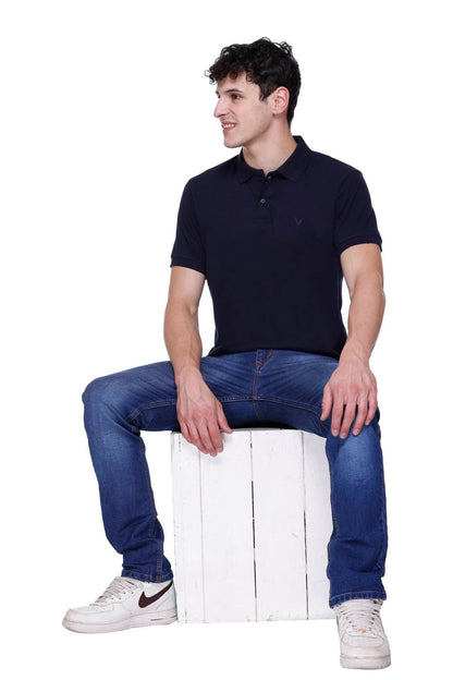 Navy Solid Half Sleeves Polo Neck Cotton T-Shirt for Men