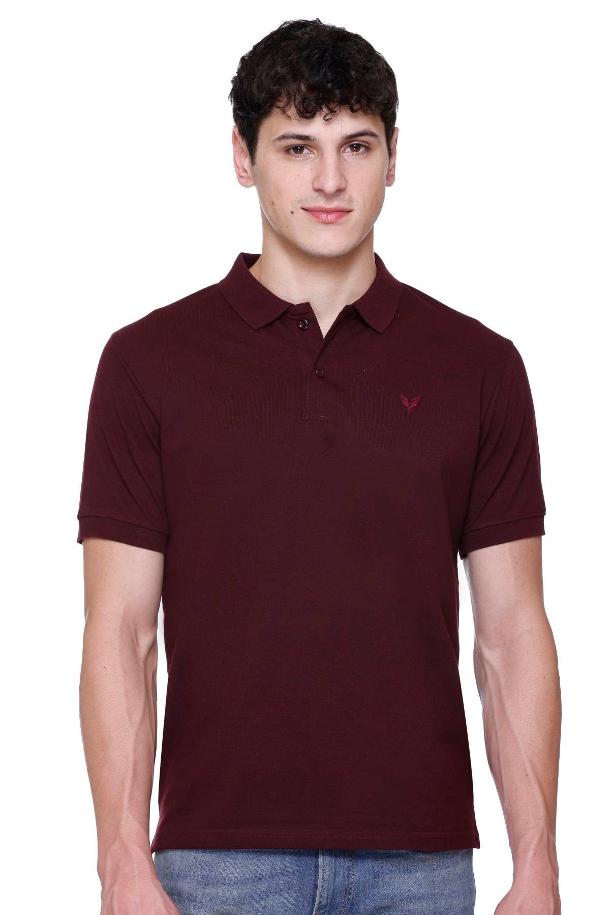 Wine Solid Half Sleeves Polo Neck Cotton T-Shirt for Men