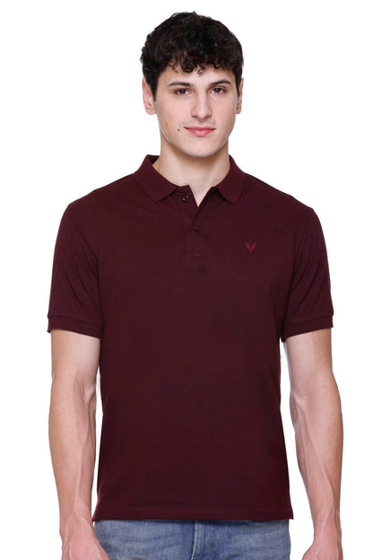 Wine Solid Half Sleeves Polo Neck Cotton T-Shirt for Men
