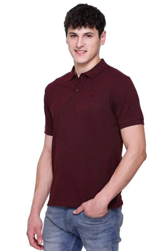 Wine Solid Half Sleeves Polo Neck Cotton T-Shirt for Men