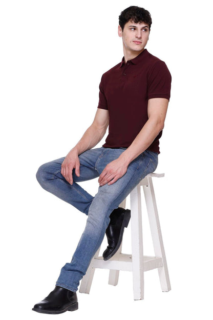 Wine Solid Half Sleeves Polo Neck Cotton T-Shirt for Men
