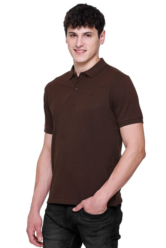 Coffee Solid Half Sleeves Polo Neck Cotton T-Shirt for Men
