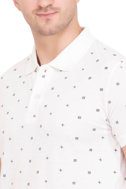 White Printed Polo Neck Cotton T-Shirt