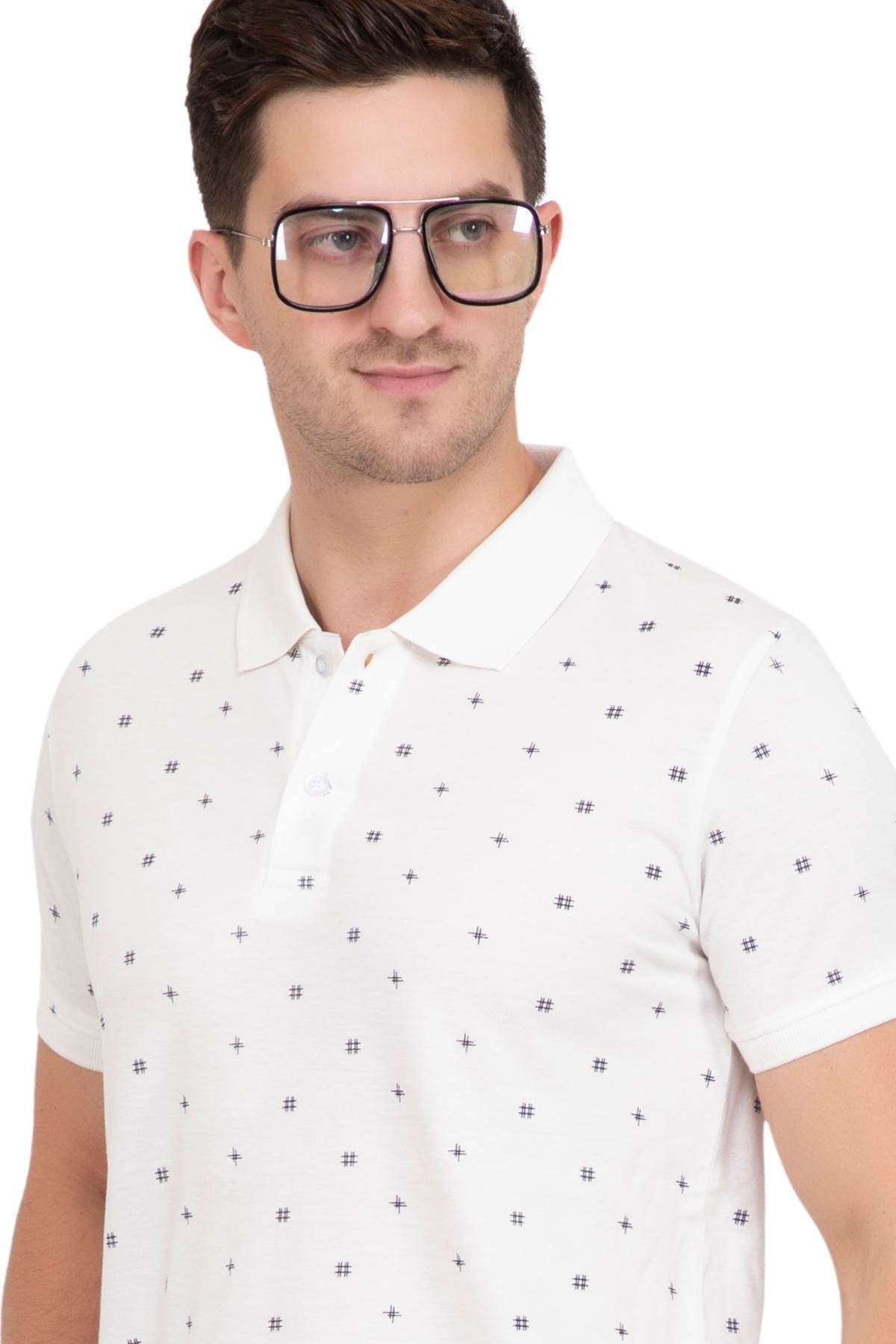 White Printed Polo Neck Cotton T-Shirt