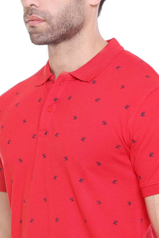 Red Printed Polo Neck Cotton T-Shirt