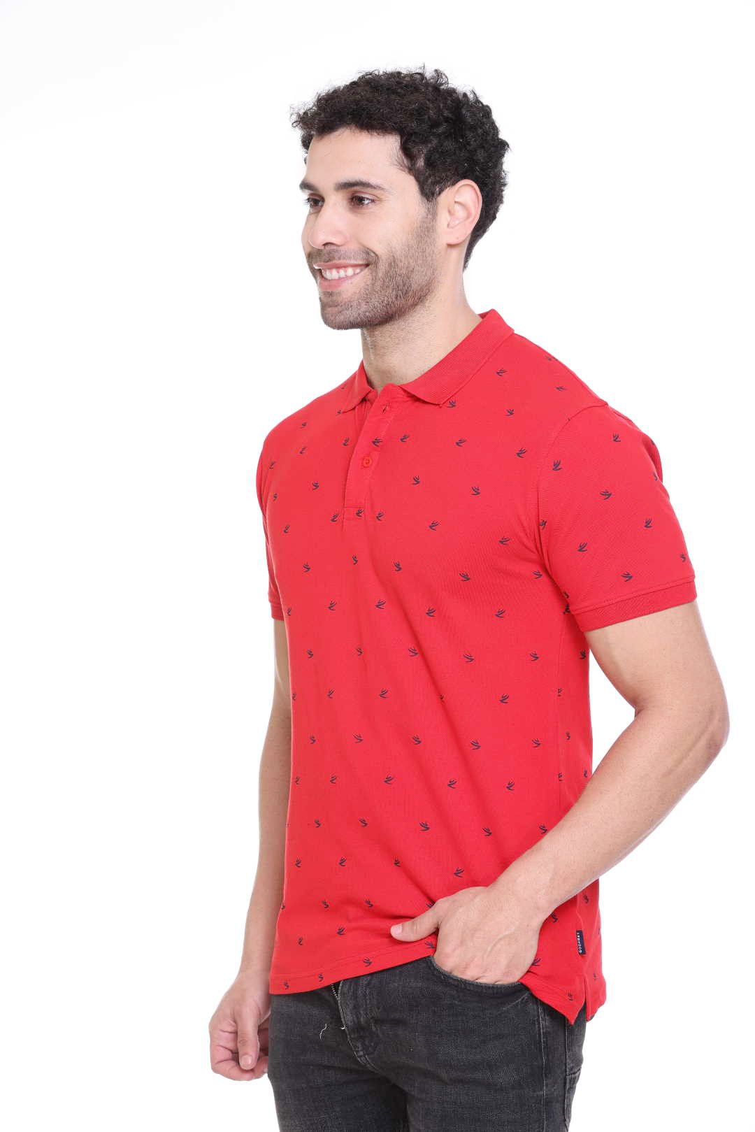 Red Printed Polo Neck Cotton T-Shirt