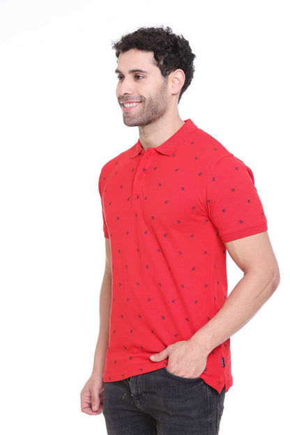 Red Printed Polo Neck Cotton T-Shirt