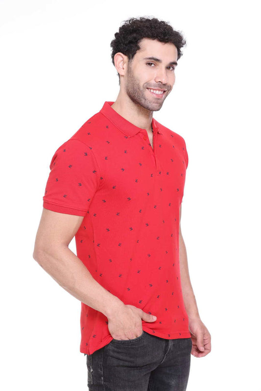 Red Printed Polo Neck Cotton T-Shirt