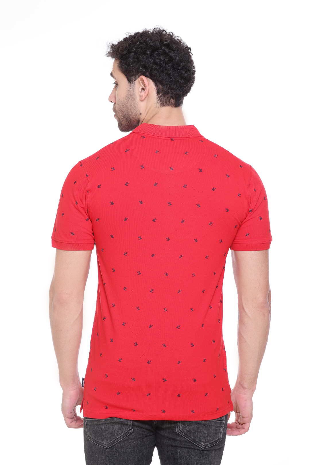 Red Printed Polo Neck Cotton T-Shirt