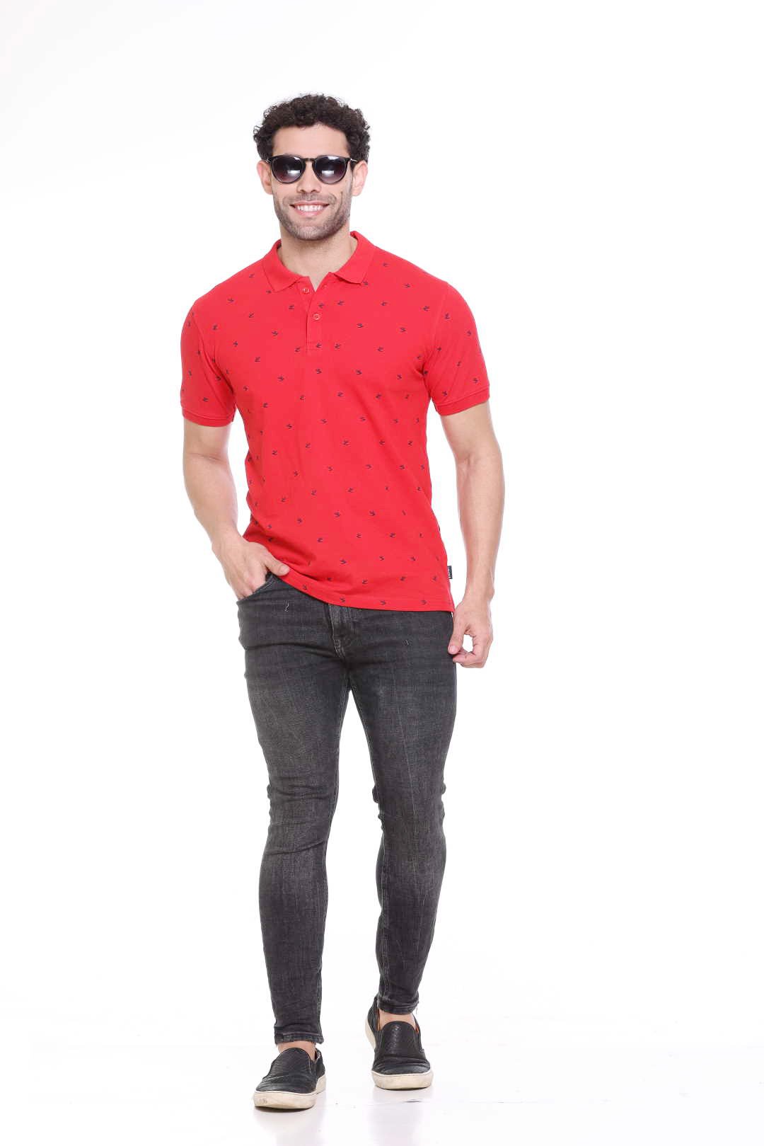 Red Printed Polo Neck Cotton T-Shirt