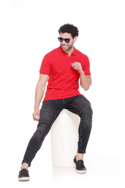 Red Printed Polo Neck Cotton T-Shirt