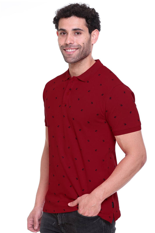 Maroon Printed Polo Neck Cotton Half T-Shirt for Men