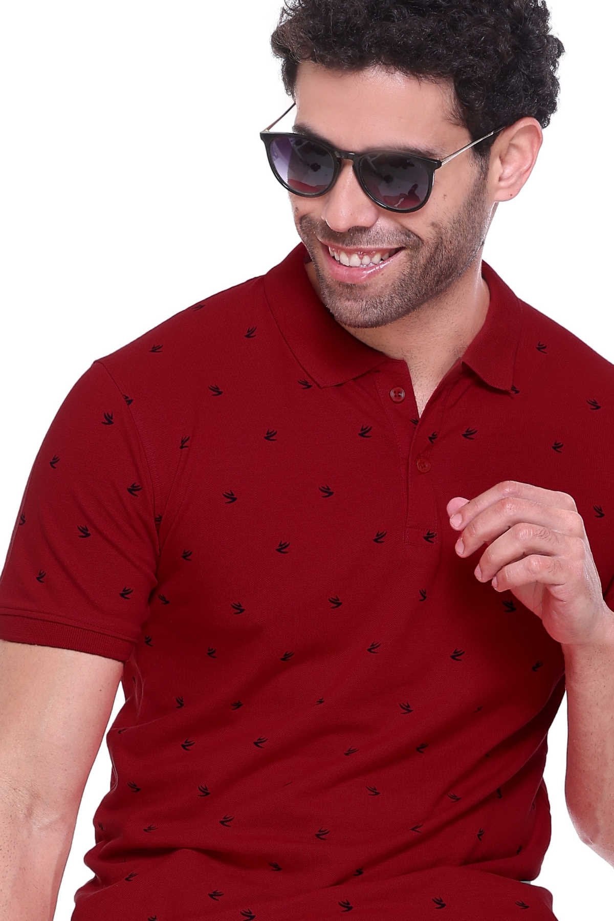 Maroon Printed Polo Neck Cotton Half T-Shirt for Men