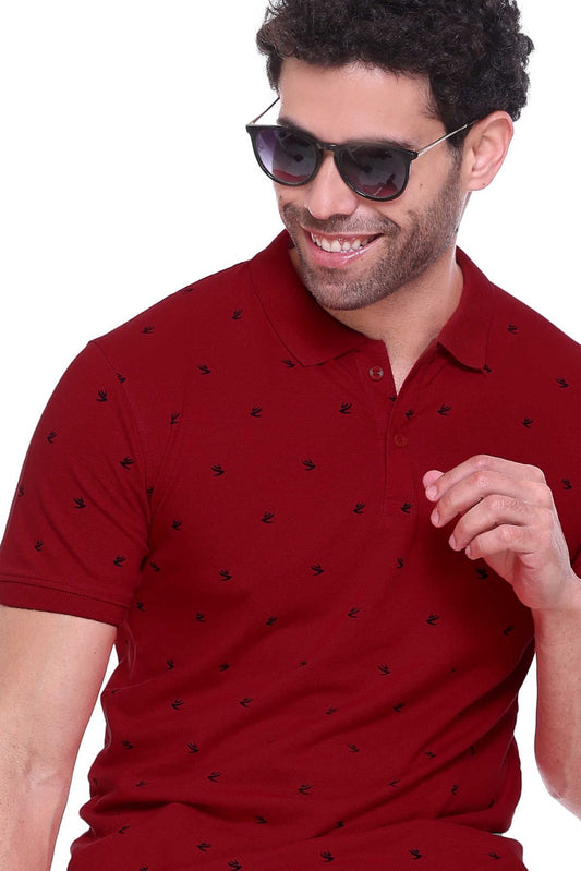 Maroon Printed Polo Neck Cotton Half T-Shirt for Men