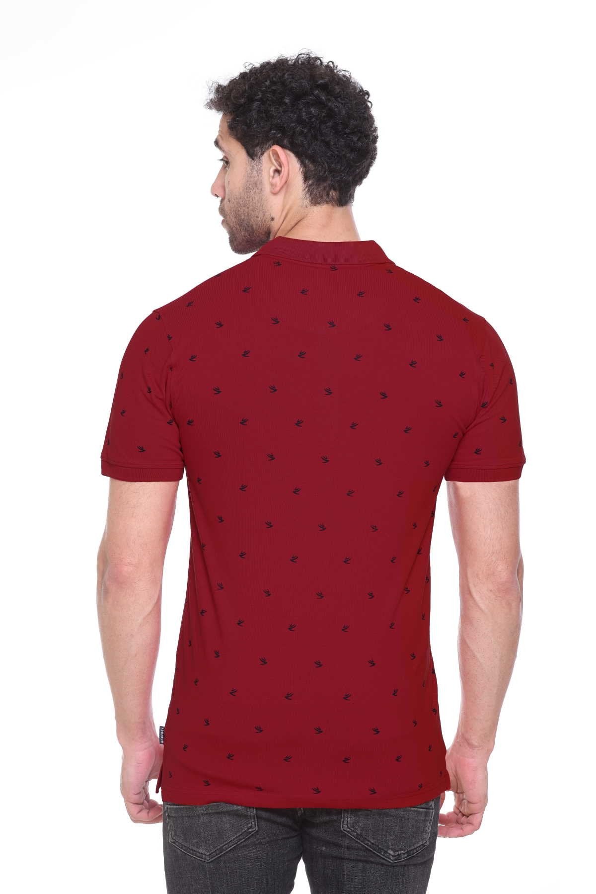 Maroon Printed Polo Neck Cotton Half T-Shirt for Men