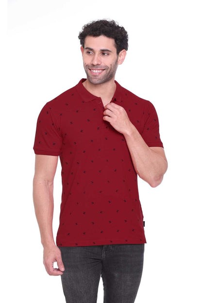 Maroon Printed Polo Neck Cotton Half T-Shirt for Men