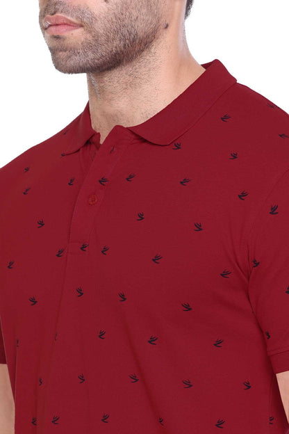 Maroon Printed Polo Neck Cotton Half T-Shirt for Men