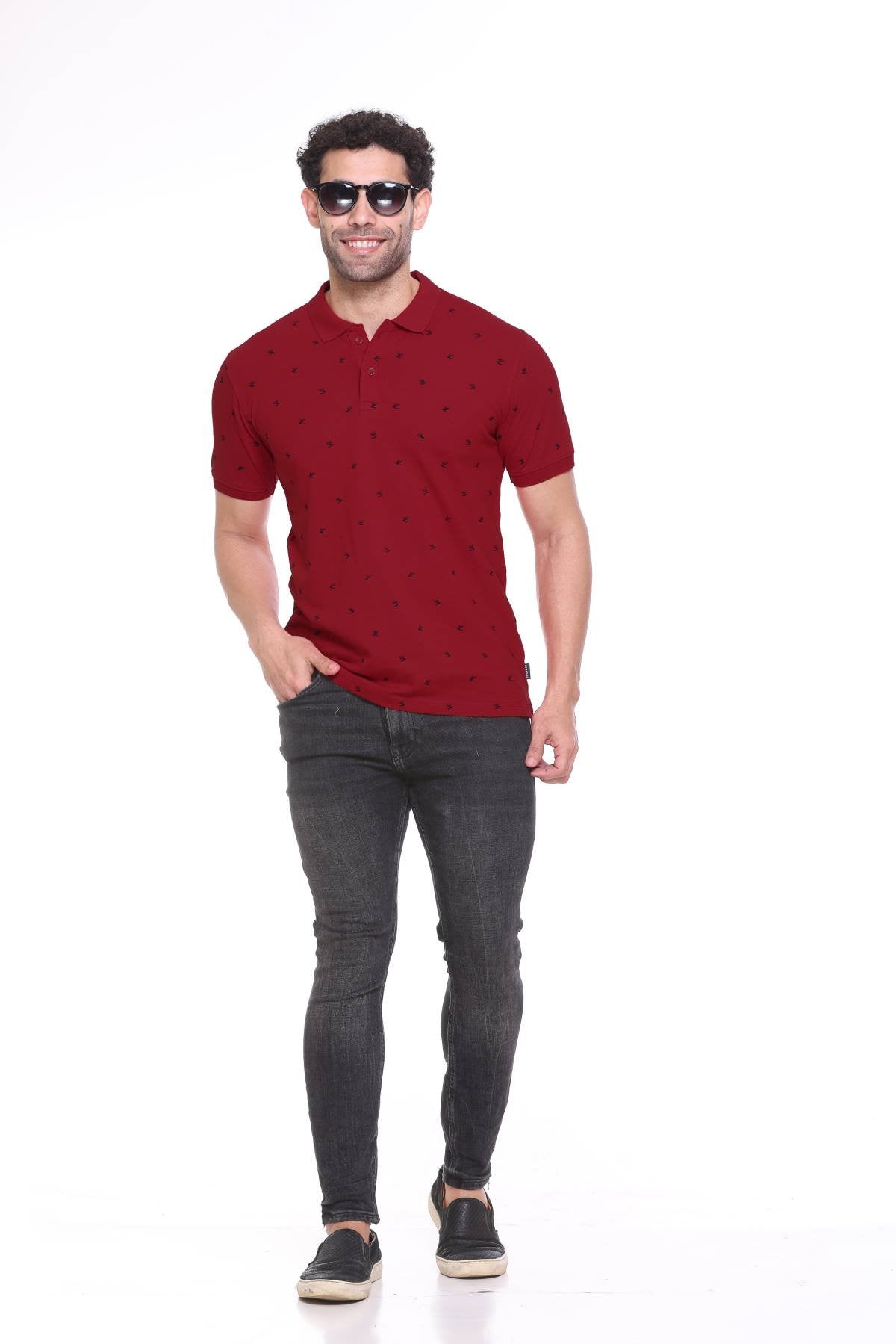 Maroon Printed Polo Neck Cotton Half T-Shirt for Men