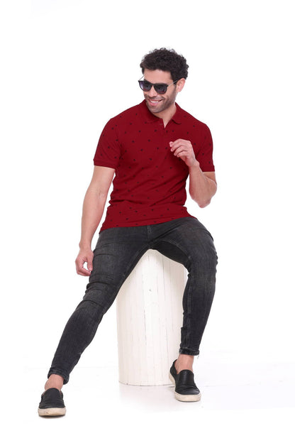 Maroon Printed Polo Neck Cotton Half T-Shirt for Men