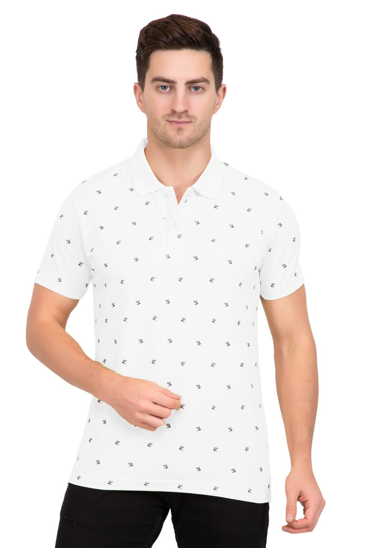White Printed Polo Neck Cotton Half T-Shirt Men