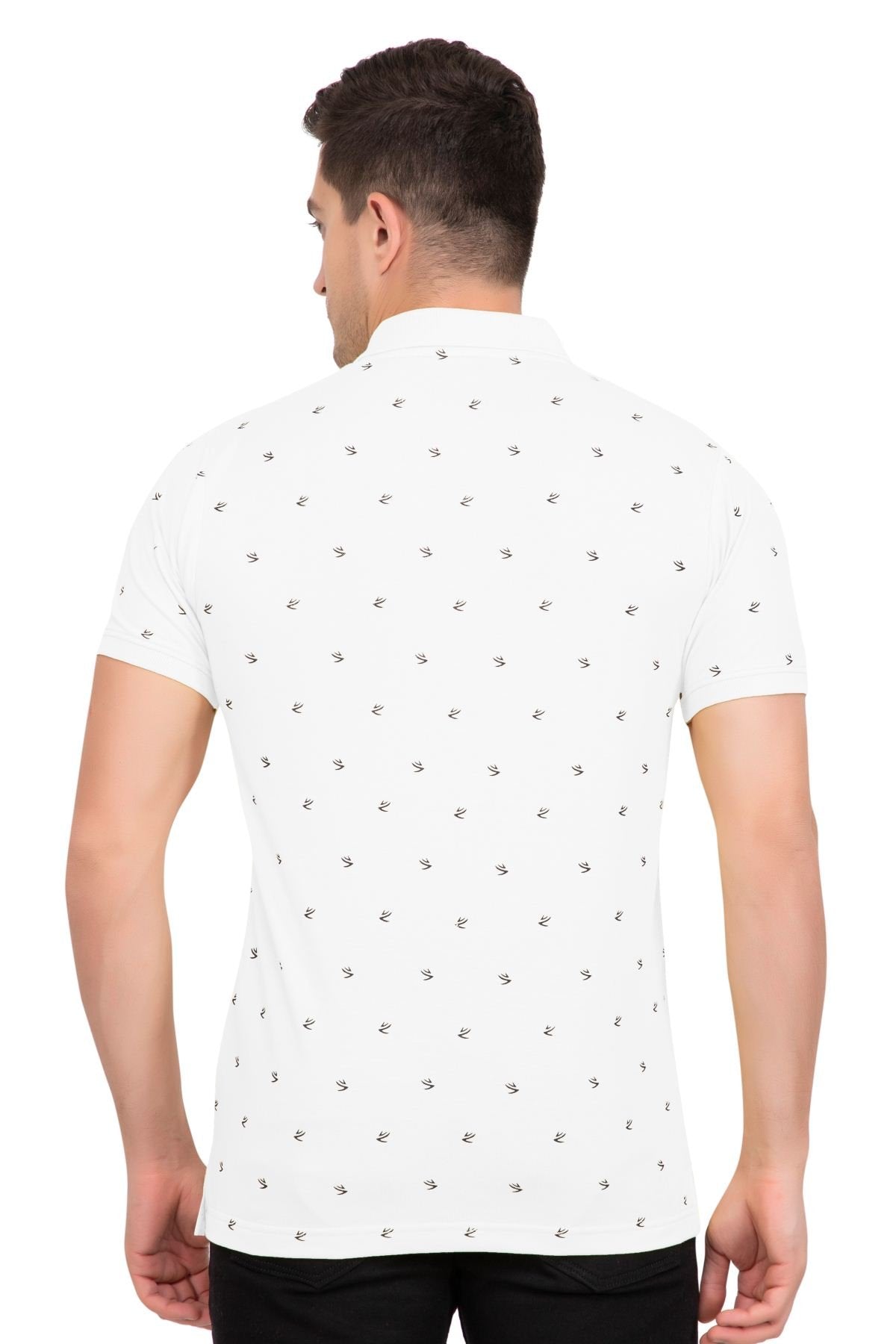 White Printed Polo Neck Cotton Half T-Shirt Men