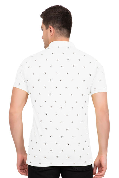 White Printed Polo Neck Cotton Half T-Shirt Men