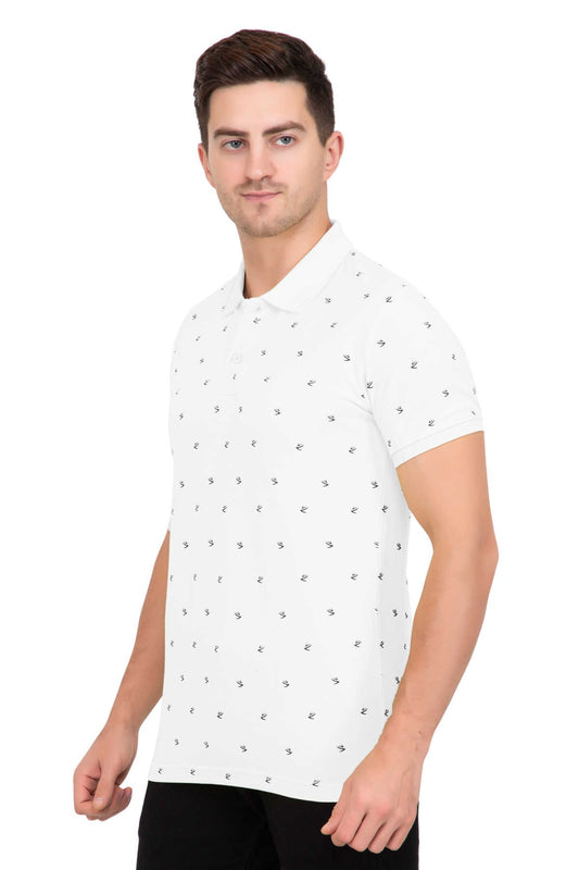 White Printed Polo Neck Cotton Half T-Shirt Men