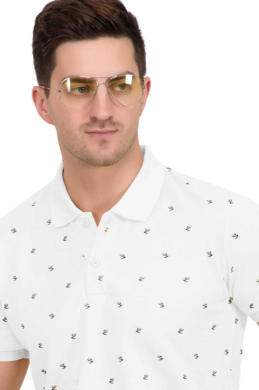 White Printed Polo Neck Cotton Half T-Shirt Men