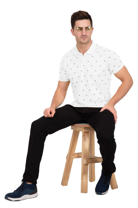 White Printed Polo Neck Cotton Half T-Shirt Men