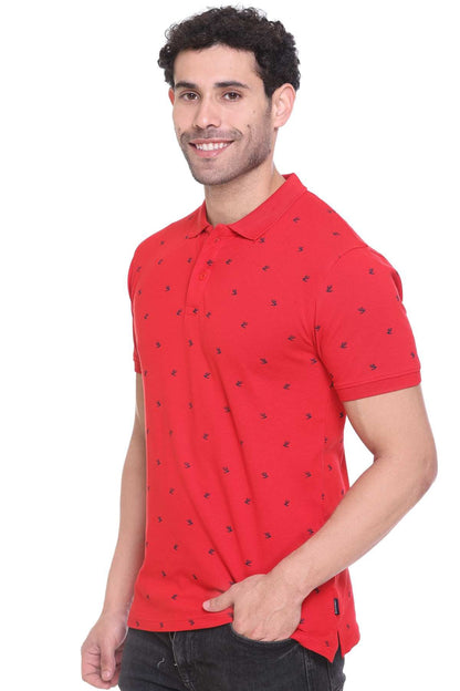 Red Printed Polo Neck Cotton T-Shirt