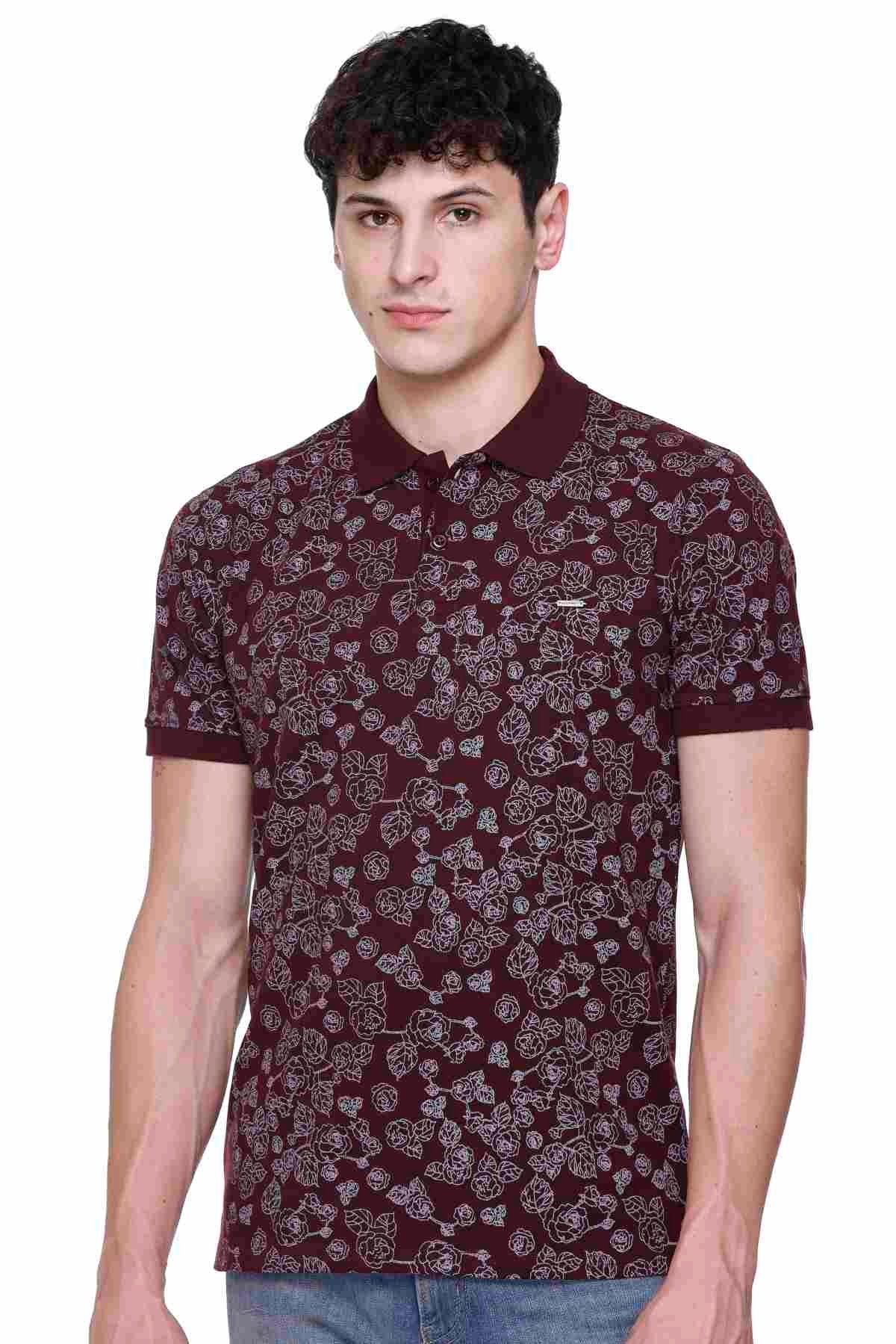 Wine Floral Printed Polo Neck Cotton T-Shirt