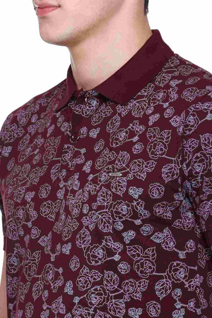 Wine Floral Printed Polo Neck Cotton T-Shirt