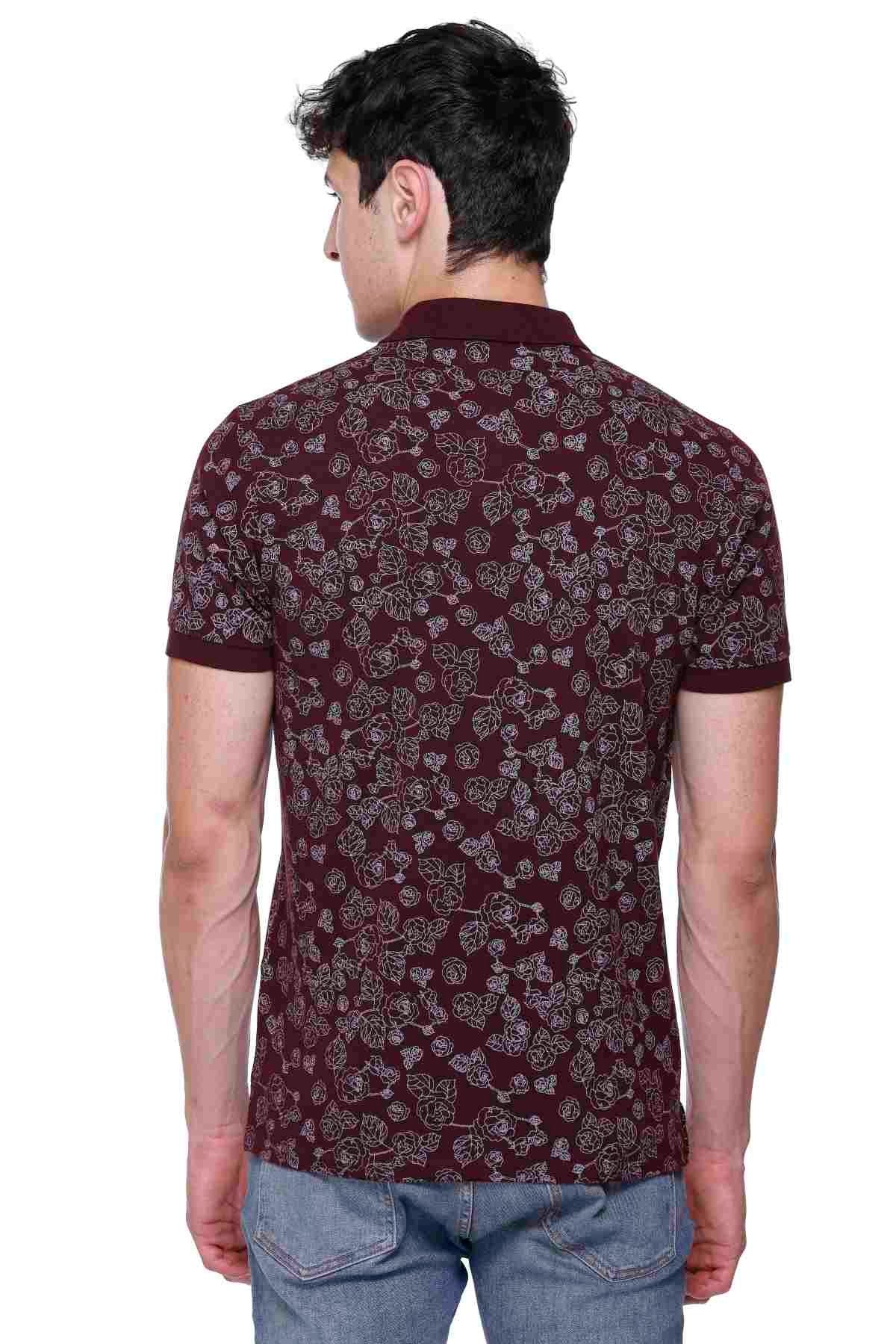 Wine Floral Printed Polo Neck Cotton T-Shirt