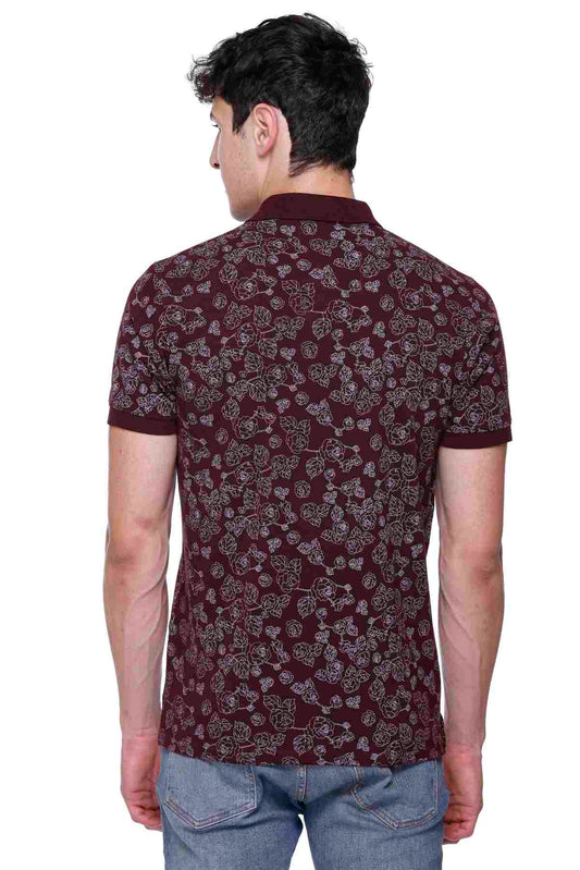 Wine Floral Printed Polo Neck Cotton T-Shirt