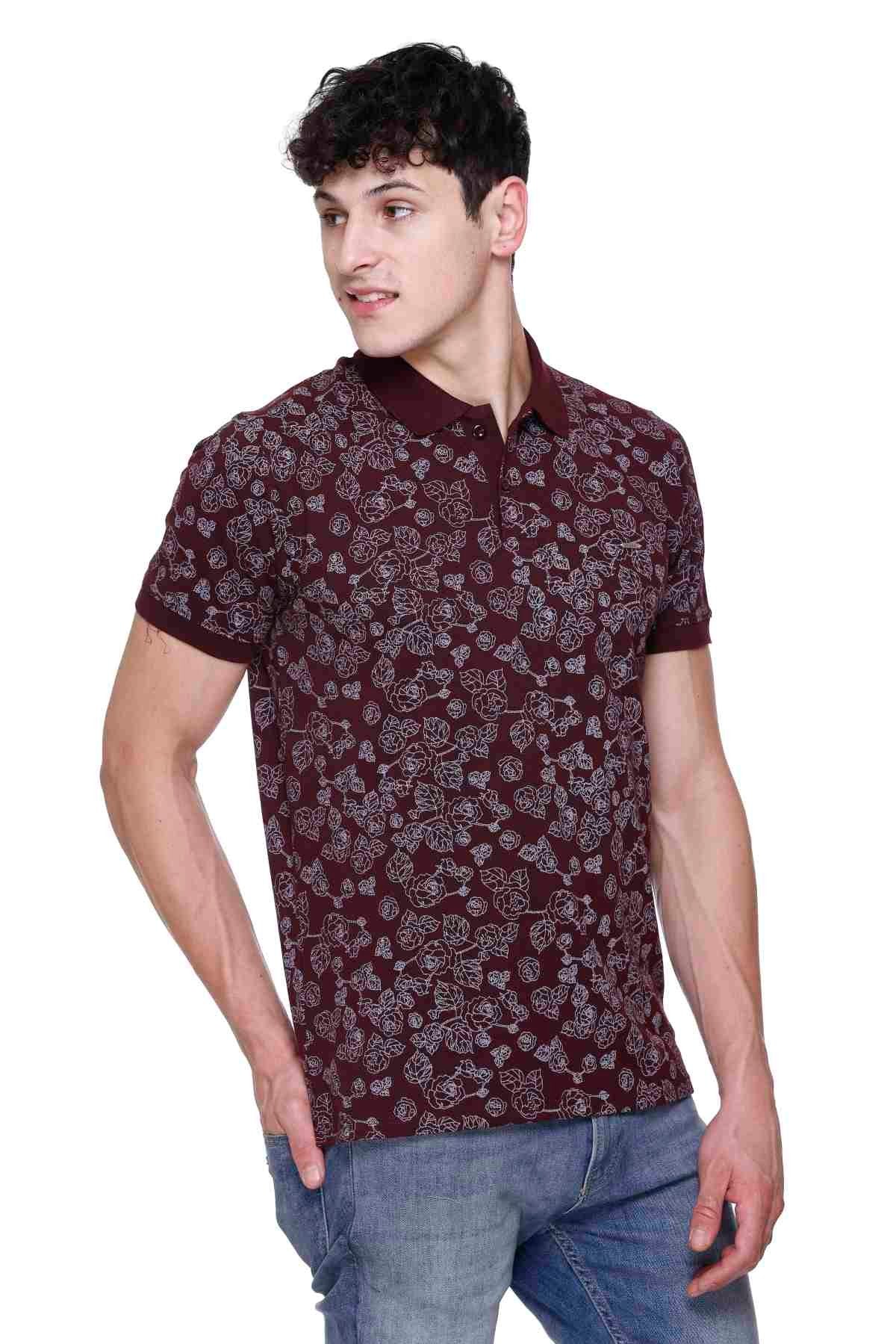 Wine Floral Printed Polo Neck Cotton T-Shirt