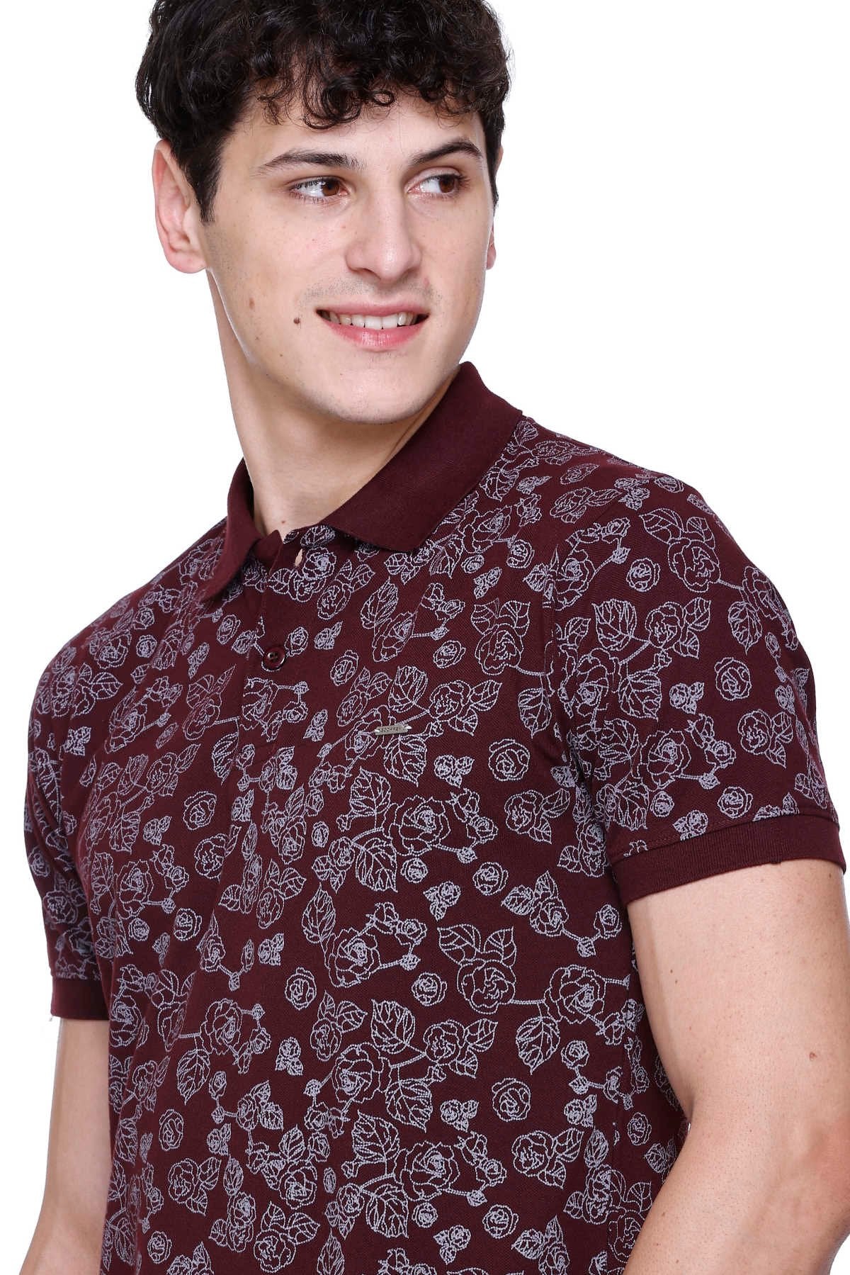 Wine Floral Printed Polo Neck Cotton T-Shirt