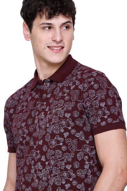 Wine Floral Printed Polo Neck Cotton T-Shirt