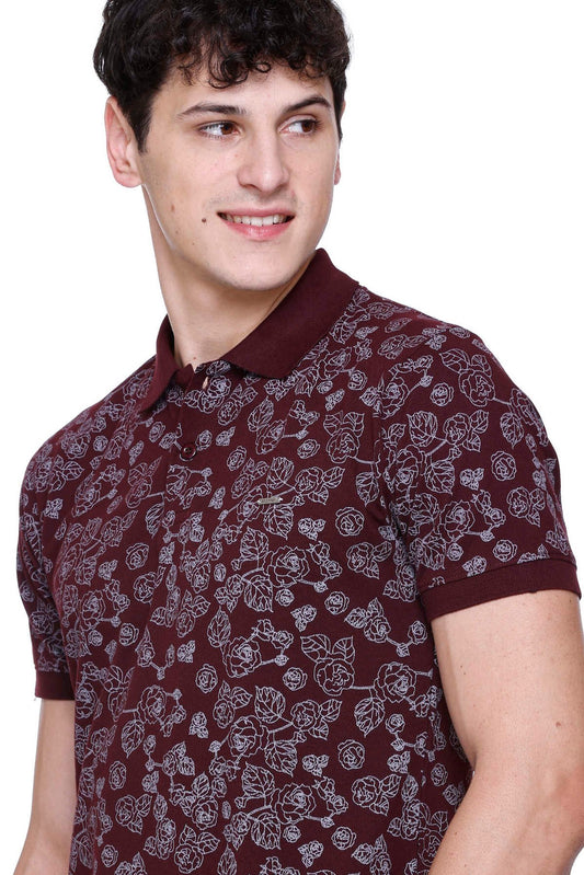 Wine Floral Printed Polo Neck Cotton T-Shirt