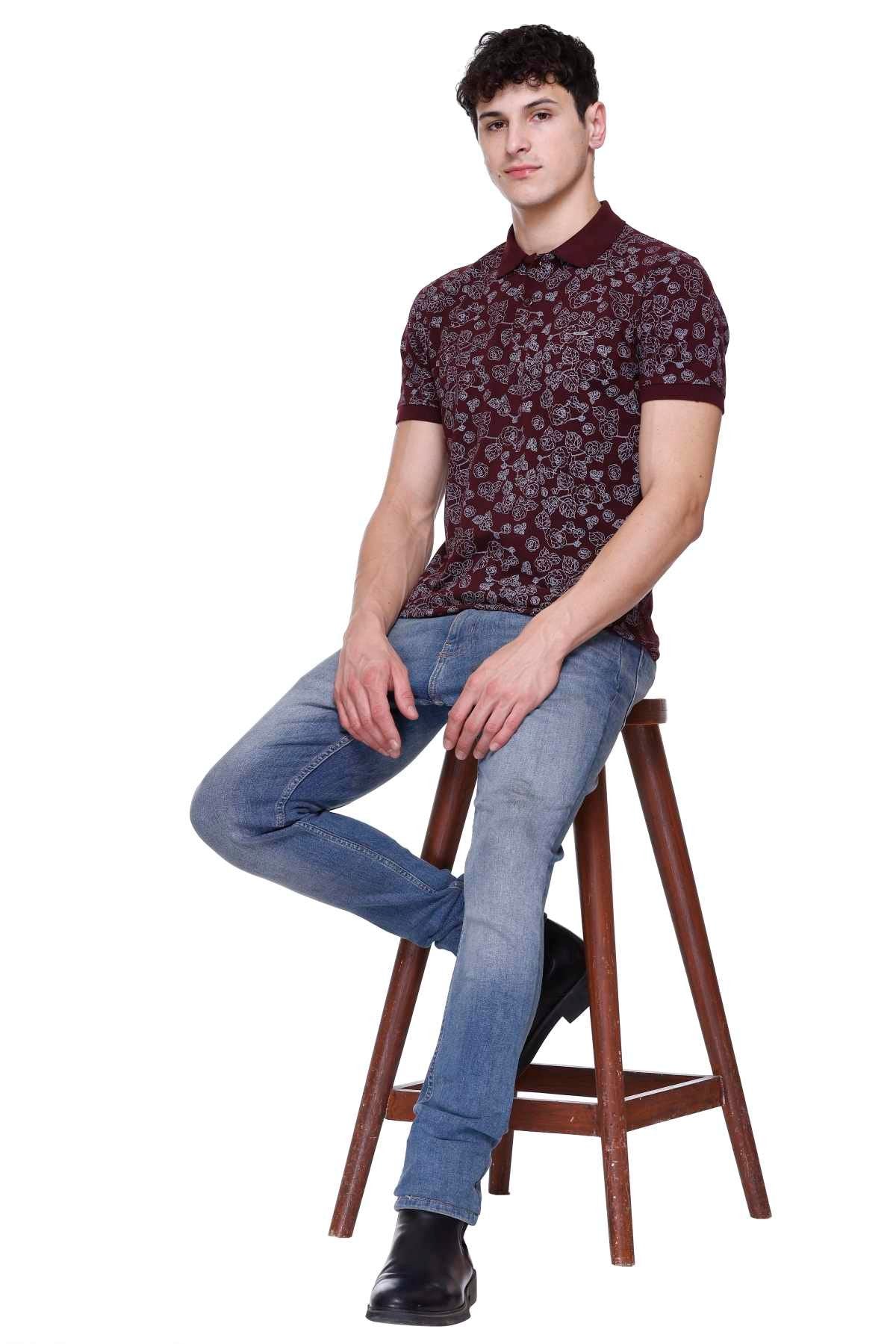 Wine Floral Printed Polo Neck Cotton T-Shirt
