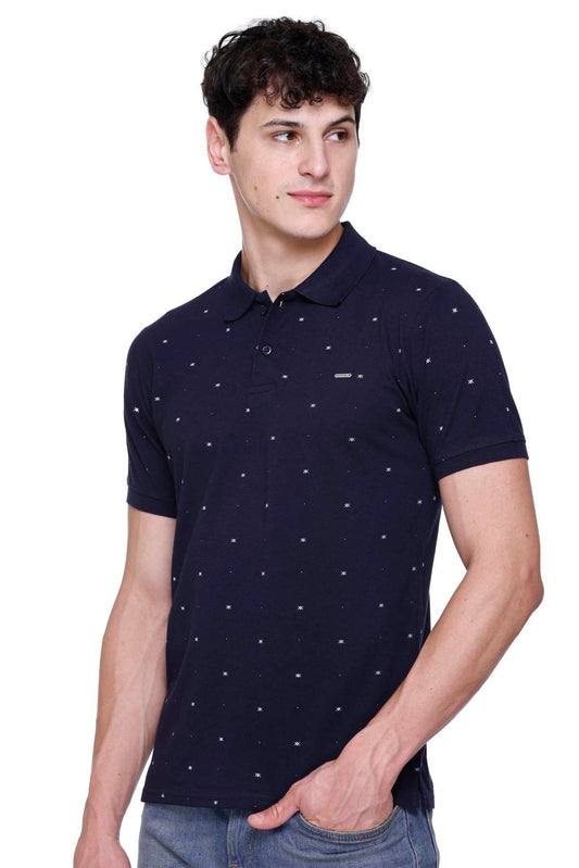 Navy Printed Polo Neck Cotton T-Shirt