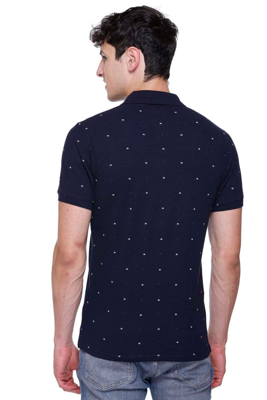 Navy Printed Polo Neck Cotton T-Shirt