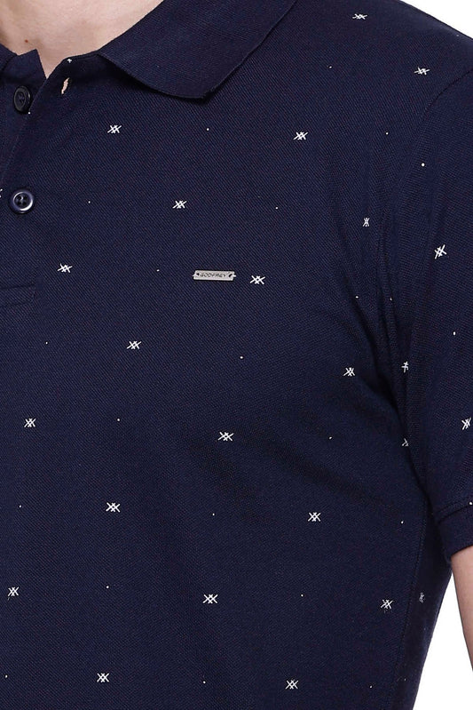 Navy Printed Polo Neck Cotton T-Shirt