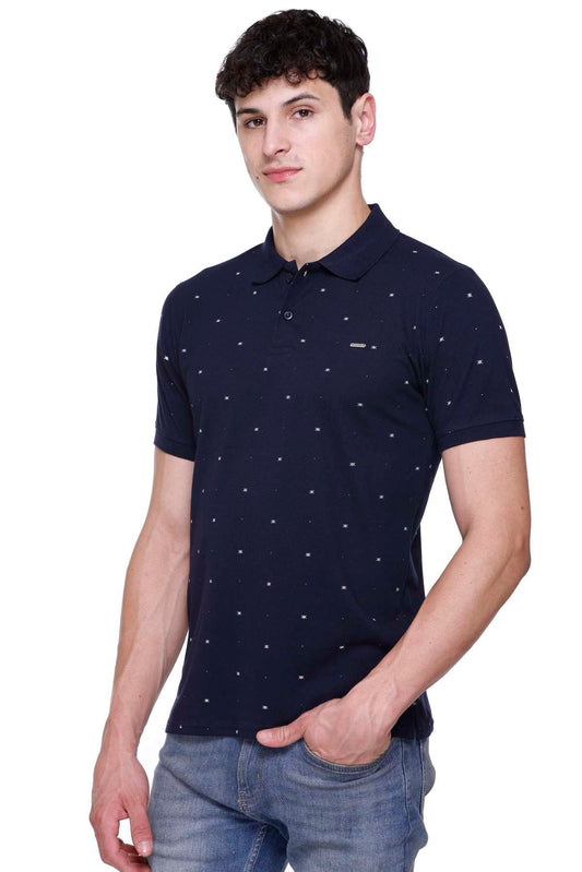 Navy Printed Polo Neck Cotton T-Shirt