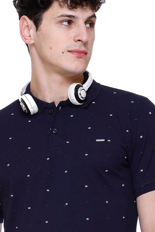 Navy Printed Polo Neck Cotton T-Shirt