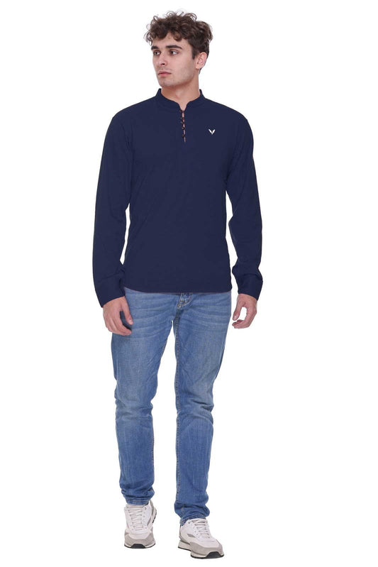 Navy Premium Cotton Lycra Solid Kurta for Men
