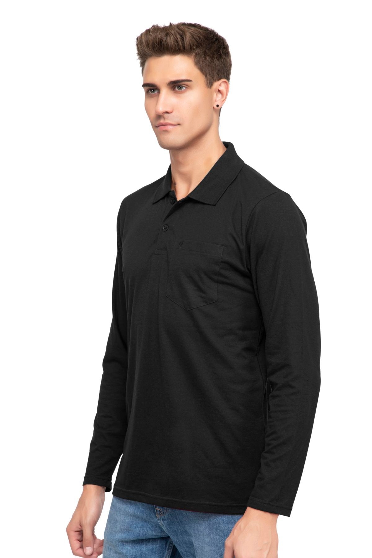 Black Solid Cotton Full Sleeve Men Polo T Shirts