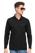 Black Solid Cotton Full Sleeve Men Polo T Shirts