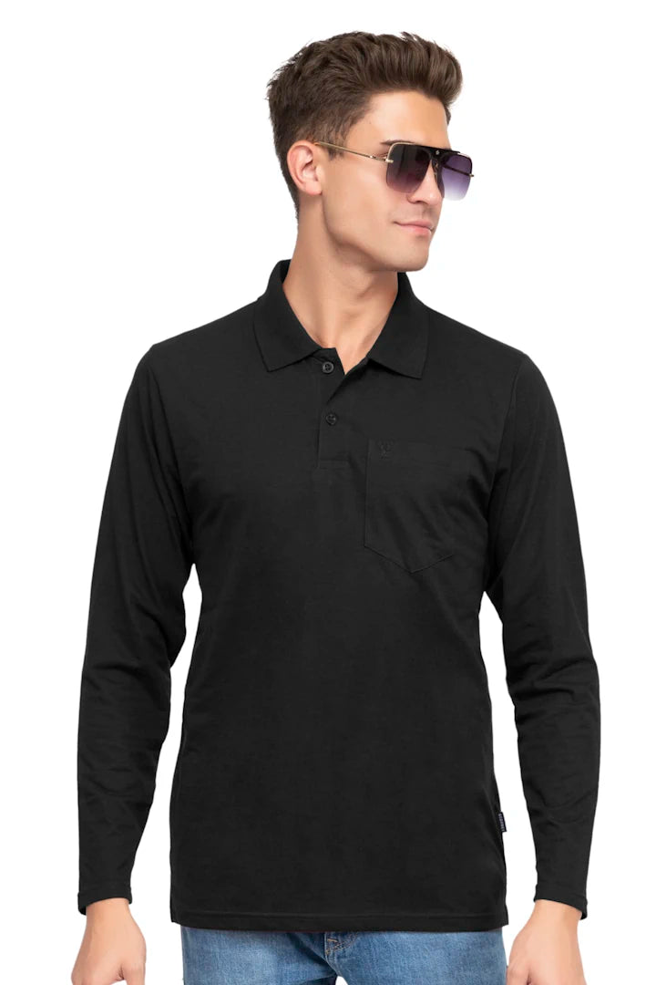 Black Solid Cotton Full Sleeve Men Polo T Shirts